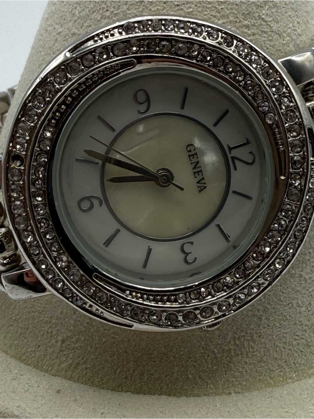 Geneva Silver Tone Rhinestone Watch Mother of Pearl Dial Bracelet Missing Stone